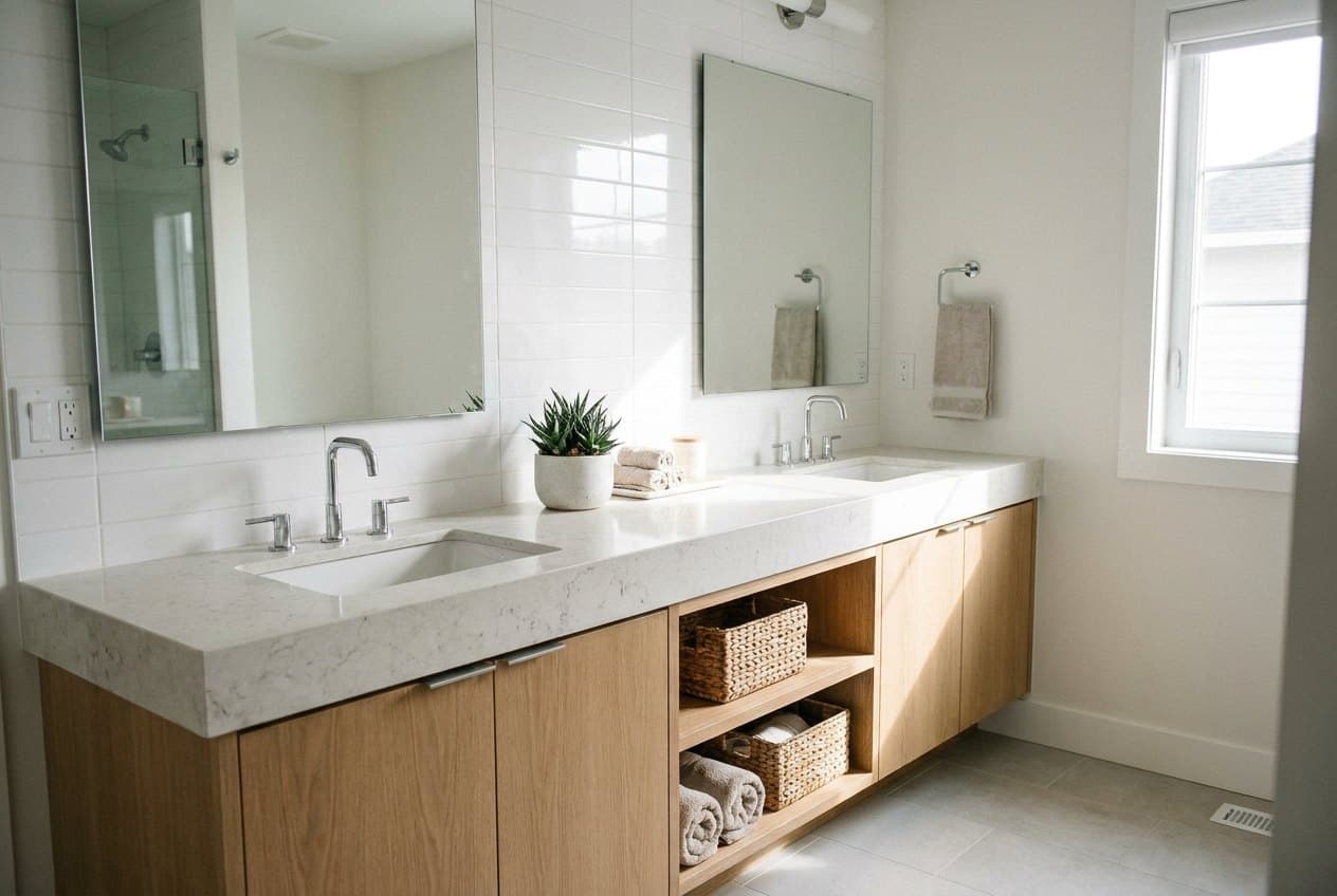 Newly installed modern bathroom vanity with stone top