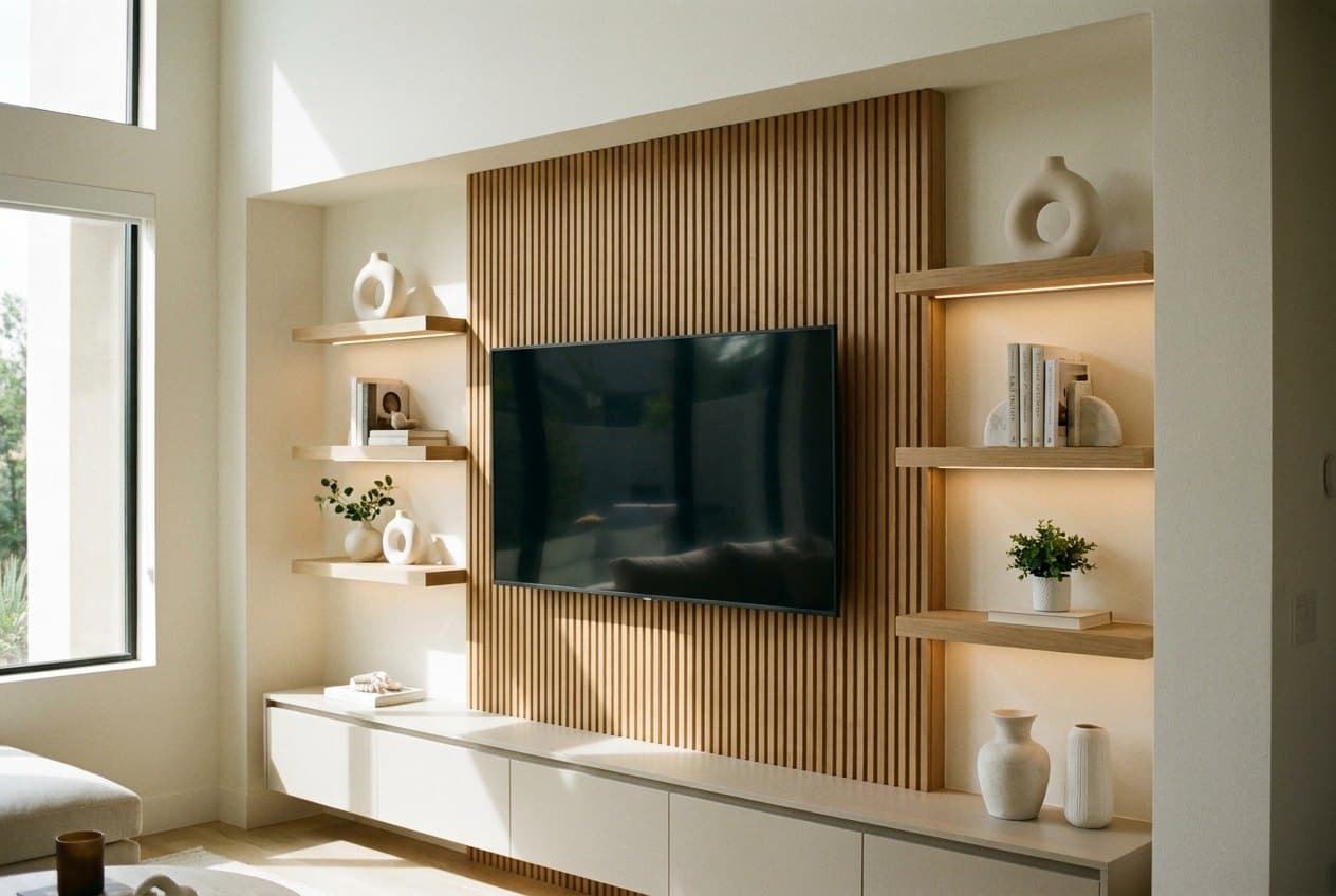 Modern slat-wood accent wall behind a living room sofa