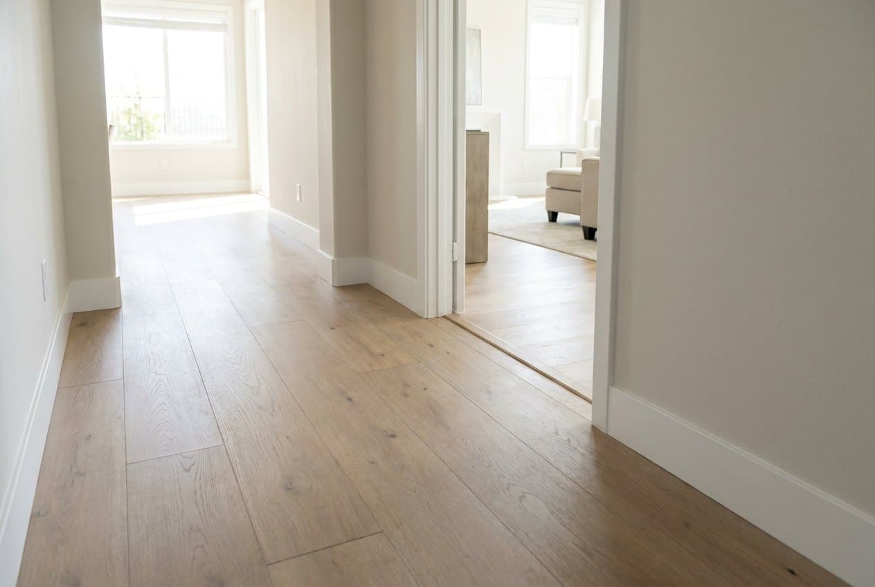 Luxury vinyl plank flooring through an open living area